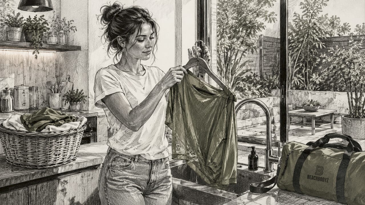 Eine Frau hängt ihre Kleidung aus Polyester zum Trocknen auf die Leine.