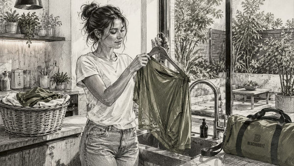Eine Frau hängt ihre Kleidung aus Polyester zum Trocknen auf die Leine.