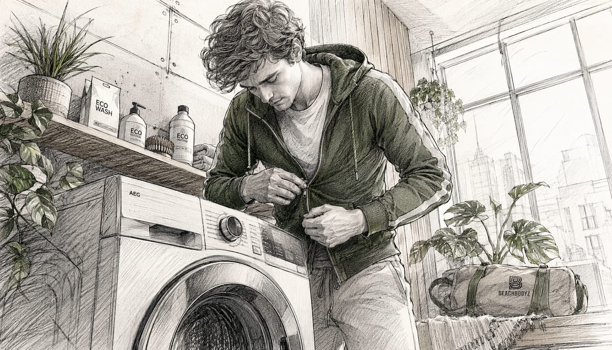 Jemand steckt nachhaltige Streetwear zum Waschen in die Maschine.