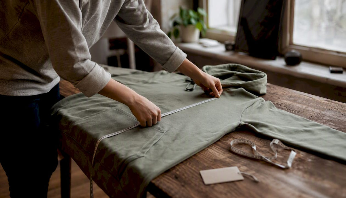 Mit den Händen wird ein Unisex-Hoodie auf dem Tisch ausgemessen.