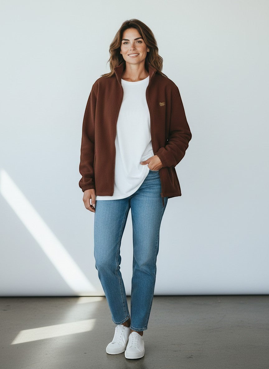 BeachBodyz® dark chocolate brown fleece jacket for men and women with zip closure and embroidered logo.