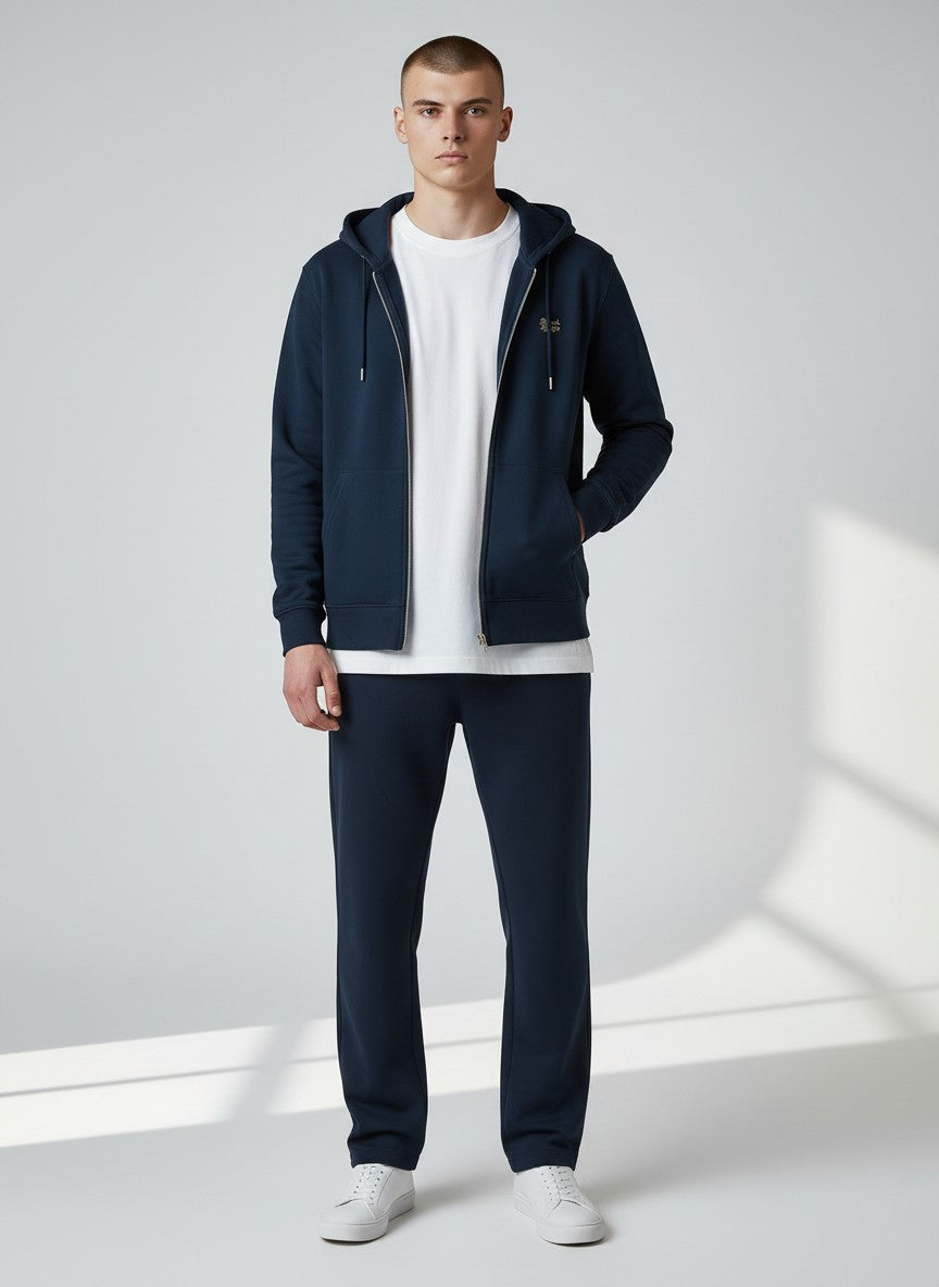 BeachBodyz® navy blue organic cotton zip-up hoodie with embroidered logo and front pockets.