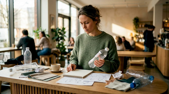 Im Atelier begutachtet eine Frau sorgfältig Stoffe aus recyceltem Polyester.