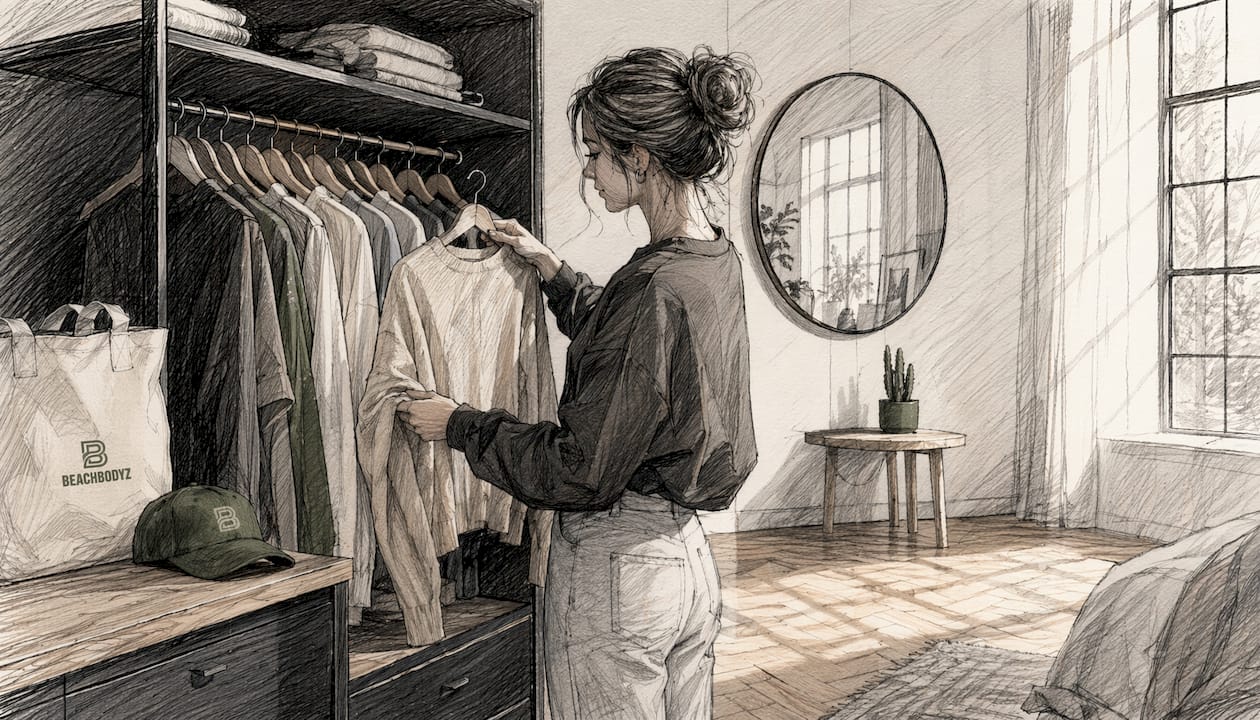 In einem hellen Zimmer sortiert eine Frau ihre minimalistische Garderobe und schafft dabei Ordnung und Übersicht.