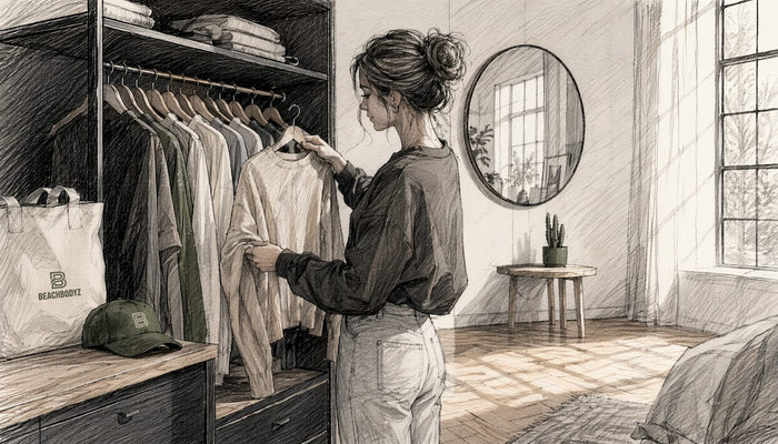 In einem hellen Zimmer sortiert eine Frau ihre minimalistische Garderobe und schafft dabei Ordnung und Übersicht.