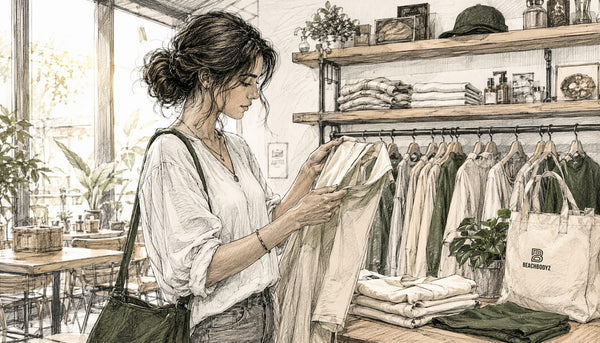 Eine junge Frau begutachtet aufmerksam ein nachhaltiges Shirt in einer Boutique.