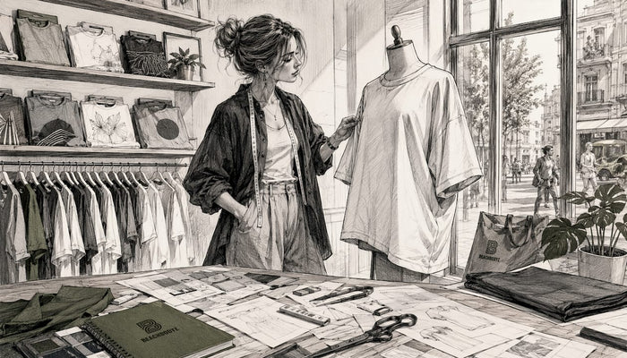 Ein Modedesigner begutachtet im Atelier ein figurbetontes T-Shirt.