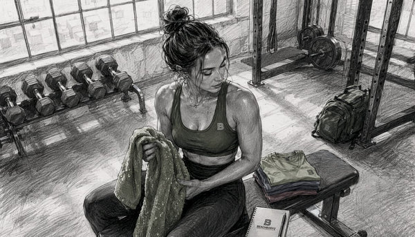 Eine sportliche Frau trainiert im Fitnessstudio und trägt dabei ein Baumwollshirt.