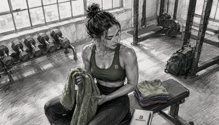 Eine sportliche Frau trainiert im Fitnessstudio und trägt dabei ein Baumwollshirt.