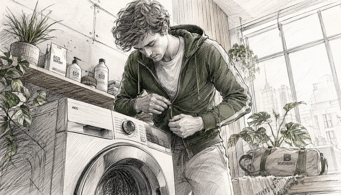 Jemand steckt nachhaltige Streetwear zum Waschen in die Maschine.