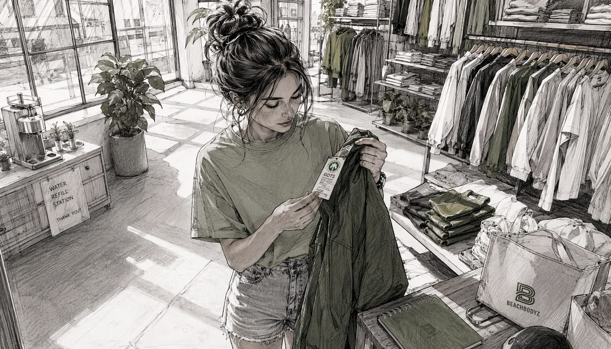Eine Frau informiert sich über ein nachhaltiges Streetwear-Label und prüft, ob es ihren Ansprüchen genügt.