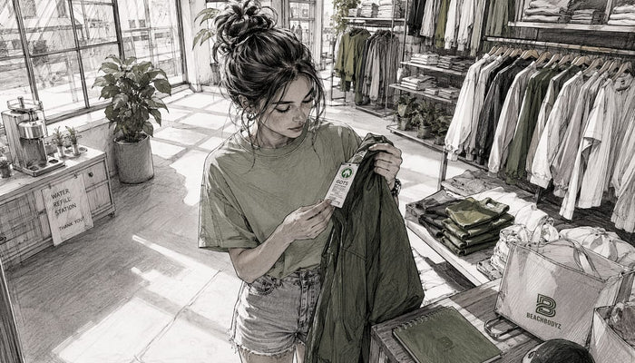 Eine Frau informiert sich über ein nachhaltiges Streetwear-Label und prüft, ob es ihren Ansprüchen genügt.