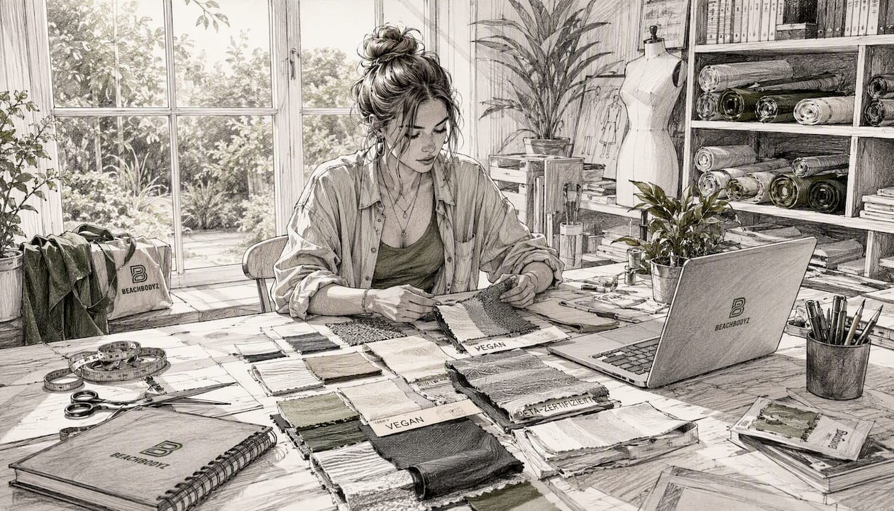 Eine Designerin begutachtet im Atelier verschiedene vegane Stoffproben und prüft deren Qualität und Haptik.