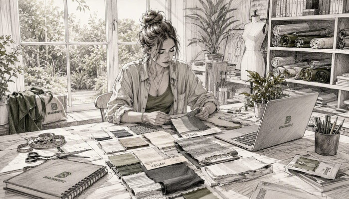 Eine Designerin begutachtet im Atelier verschiedene vegane Stoffproben und prüft deren Qualität und Haptik.