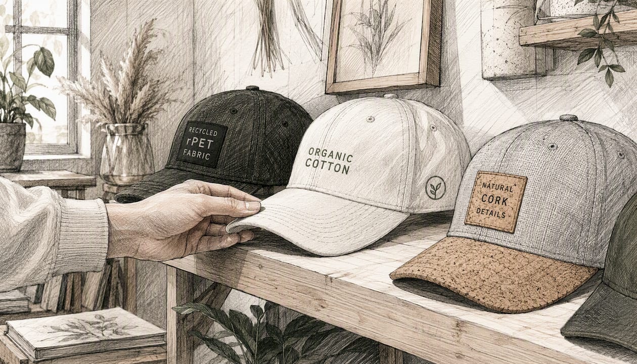 Detailaufnahme von nachhaltigen Caps und umweltfreundlichen Materialien