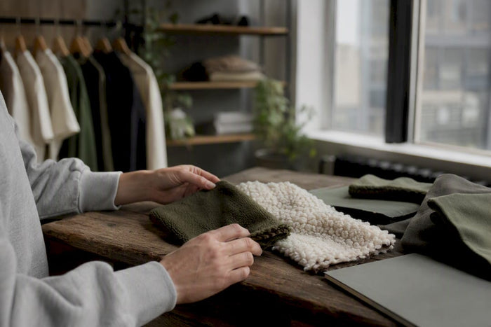 Mit den Händen über flauschigen Fleece- und Sherpa-Stoff streichen und die weiche Oberfläche spüren.