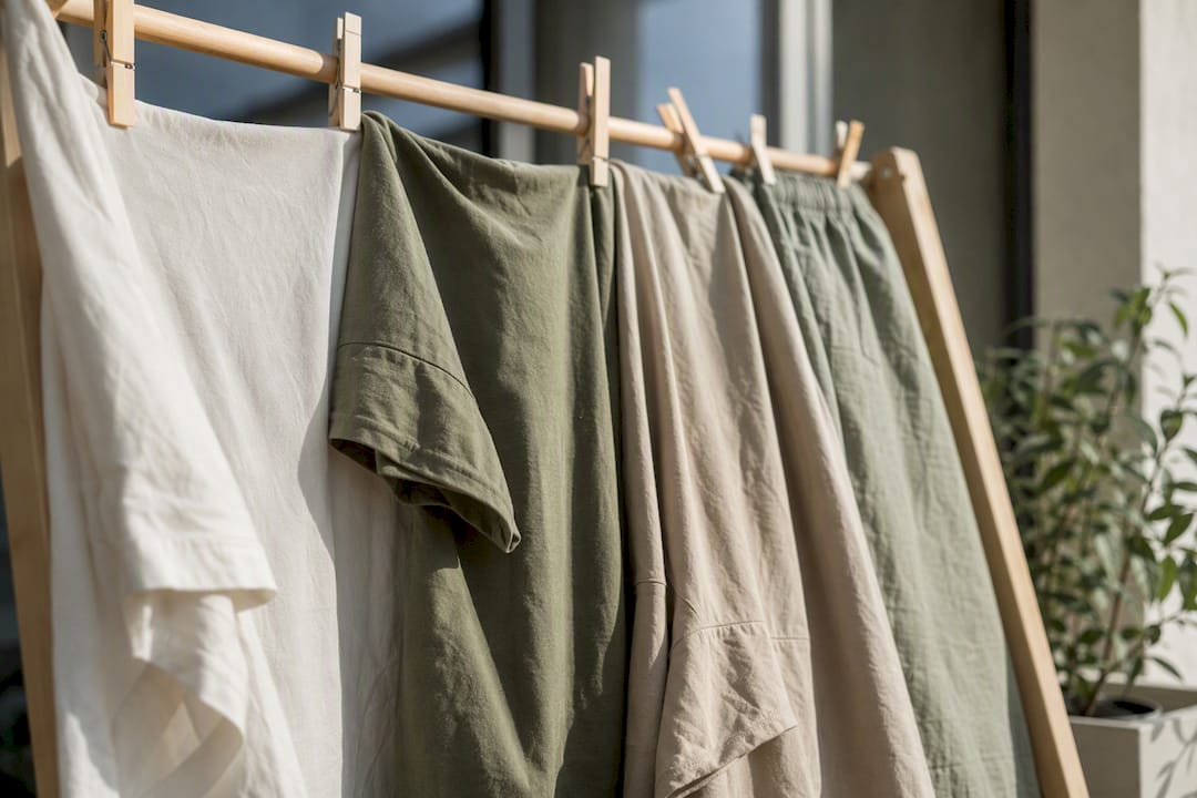 Baumwollkleidung hängt zum Trocknen auf einem Wäscheständer im Zimmer