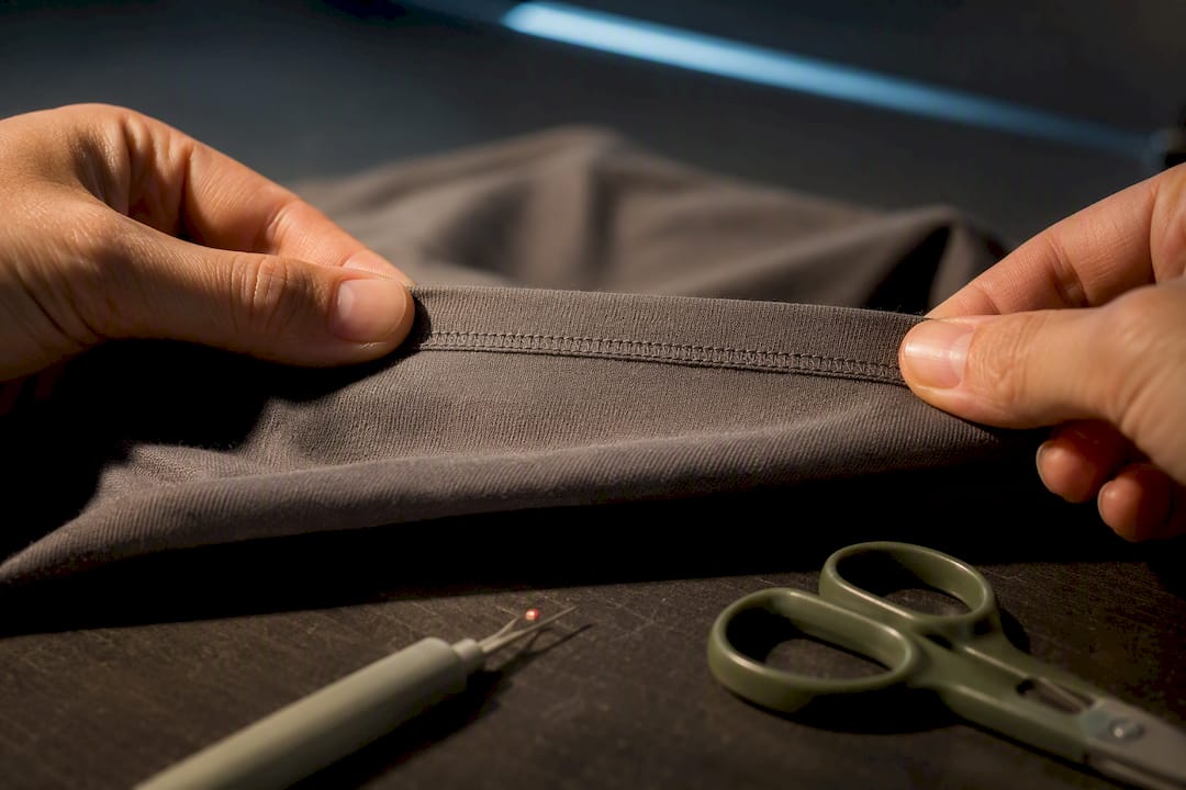 Hände prüfen die Naht eines Kleidungsstücks auf ihre Belastbarkeit