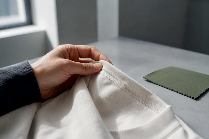 Hand fühlt die weiche textile Innenseite ab