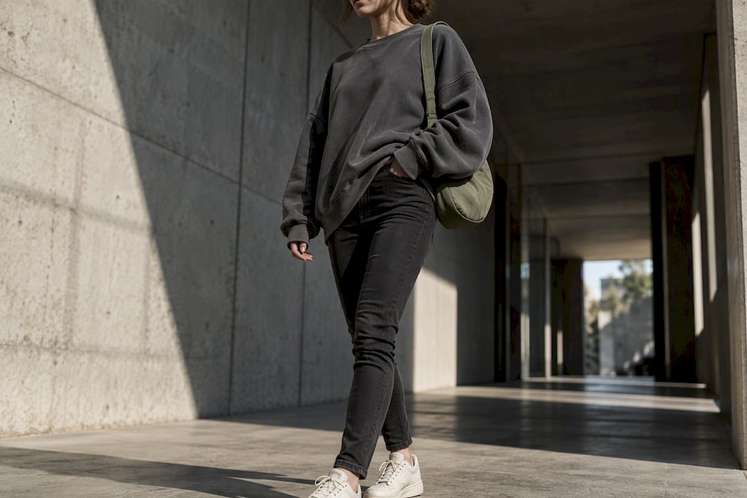 Oversize-Sweatshirt in neutralem Design kombiniert mit enger Hose