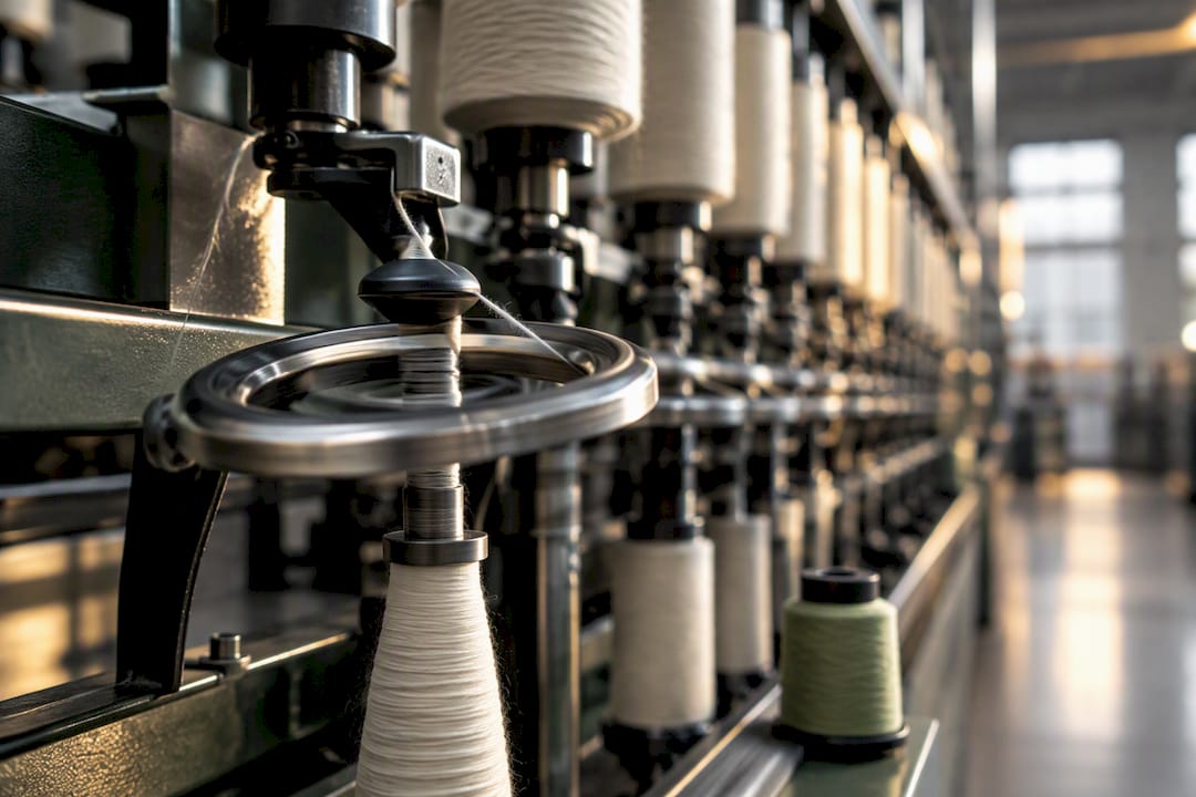 Ringspinner zieht Garn an der Spinnmaschine