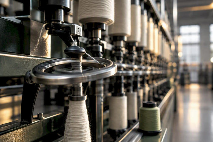 Ringspinner zieht Garn an der Spinnmaschine