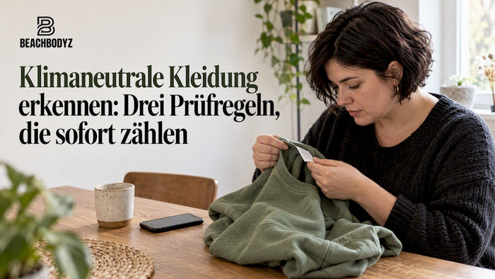 Käuferin sieht sich die Infos zur Kleidung auf dem Smartphone an