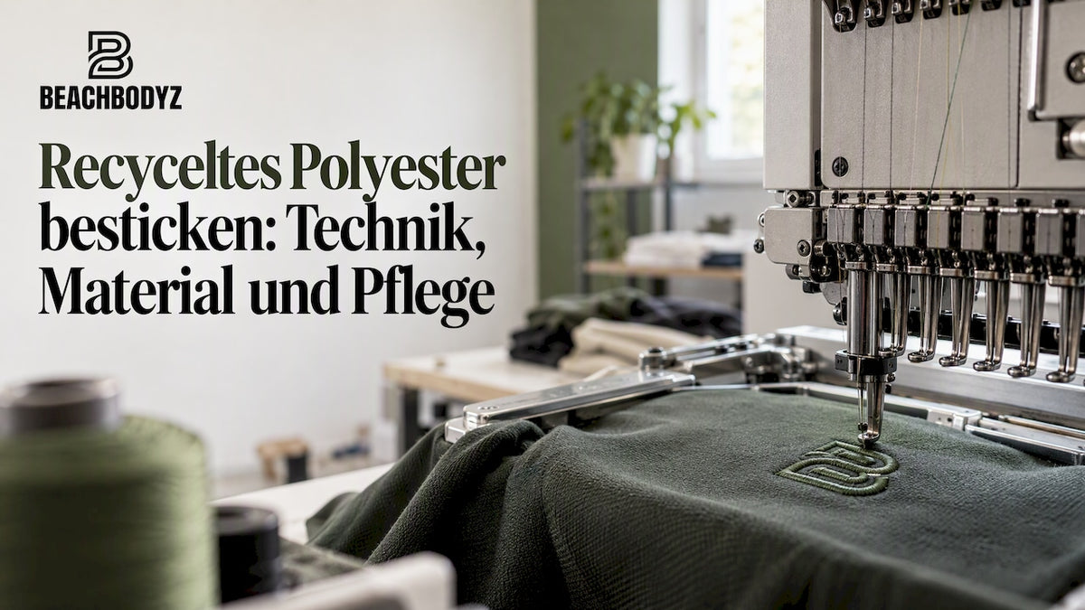 Stickmaschine arbeitet auf recyceltem Polyestergewebe