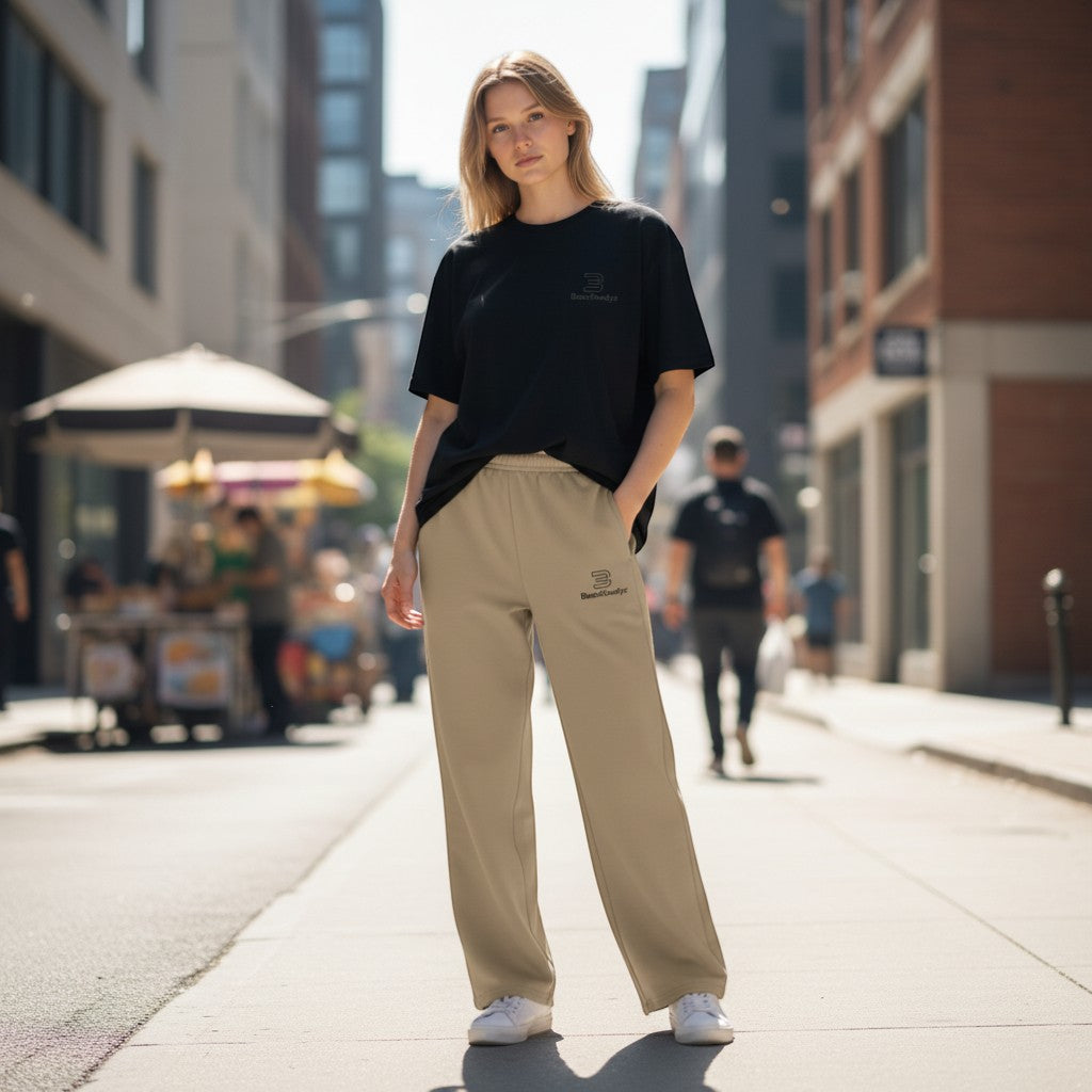 BeachBodyz® beige cotton-blend joggers with elastic waistband and logo detail. Comfortable for sport and streetwear.