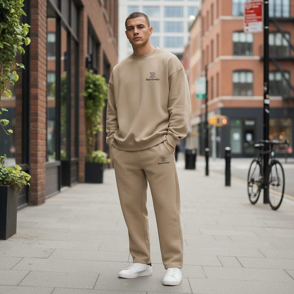 BeachBodyz® beige cotton-blend joggers with elastic waistband and side pockets, perfect for sport and streetwear.