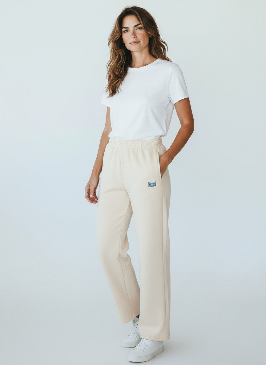 BeachBodyz® beige cotton blend joggers with embroidered logo and elastic waistband.