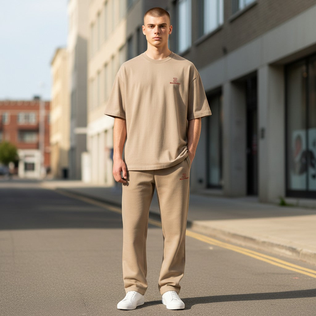 BeachBodyz® beige cotton-blend jogging pants with elastic waistband and side pockets.