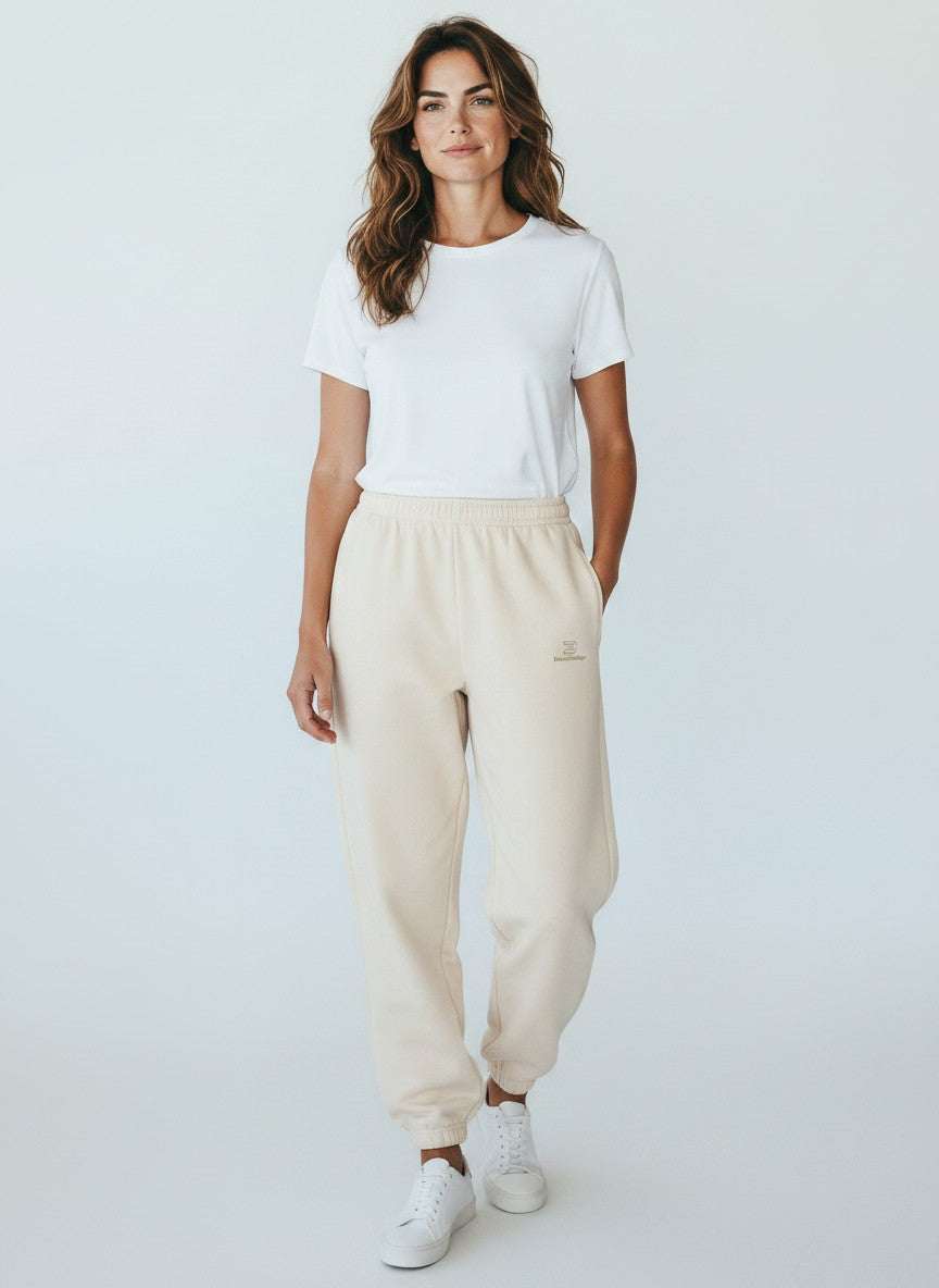 BeachBodyz® beige oversized fluffy cotton blend jogging pants with elastic waistband and subtle logo.