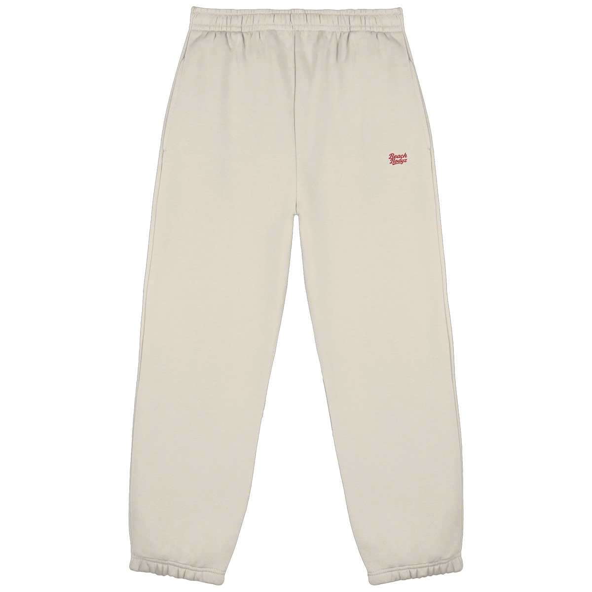 BeachBodyz® beige oversized fluffy cotton blend jogging pants with red embroidered logo and cuffed ankles.