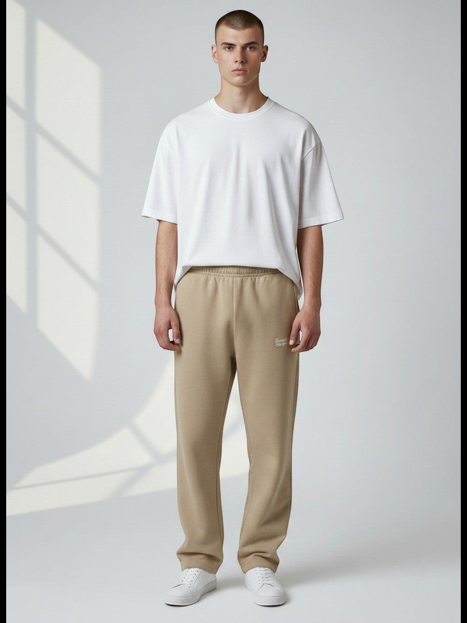 BeachBodyz beige oversized fluffy jogginghose with embroidered logo, made from soft cotton blend.