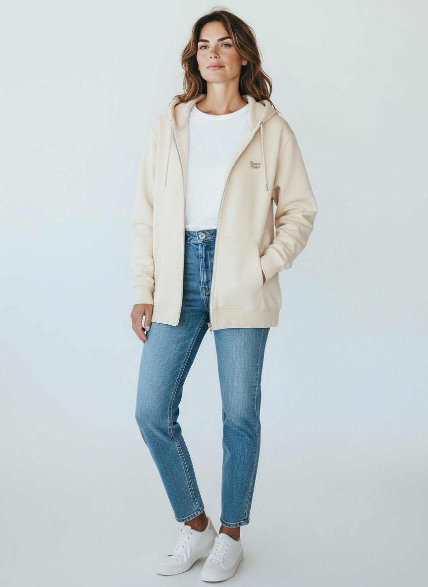 BeachBodyz® beige organic cotton oversized zip hoodie with embroidered logo and front pockets.