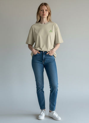 BeachBodyz® beige oversized t-shirt made from 100% organic cotton with a small green embroidered logo on the chest.