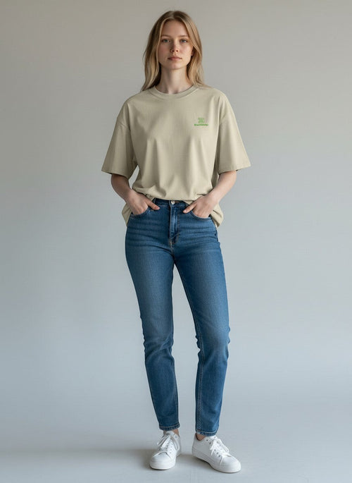 BeachBodyz® beige oversized t-shirt made from 100% organic cotton with a small green embroidered logo on the chest.