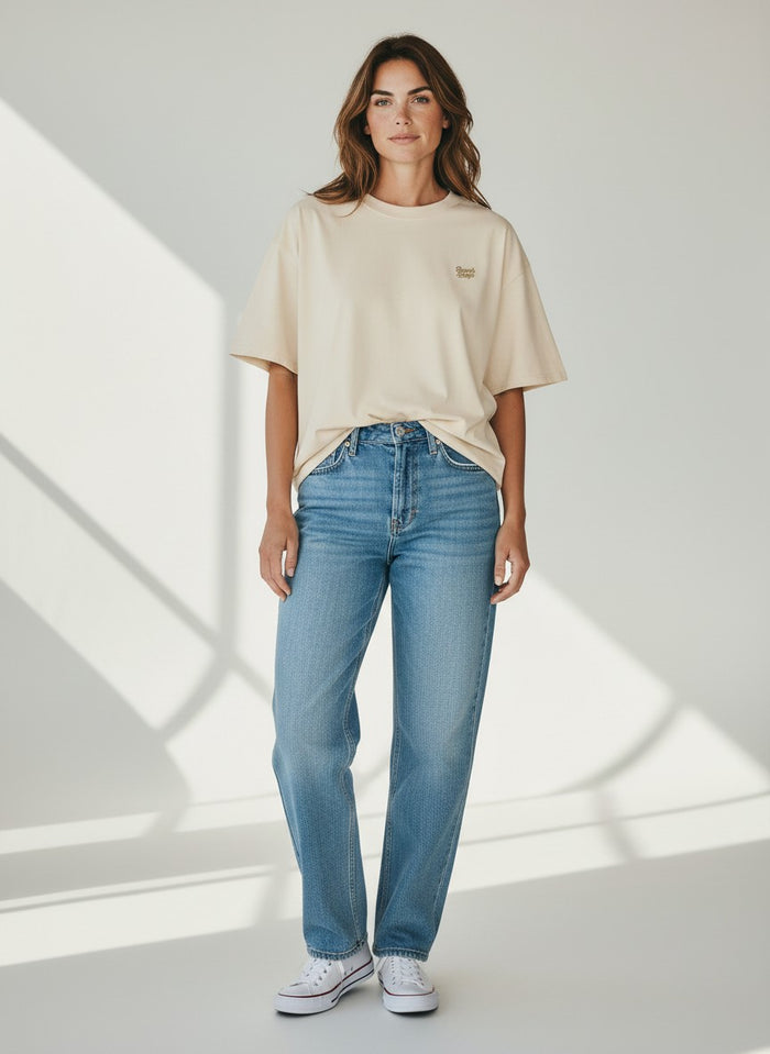 BeachBodyz® beige oversized t-shirt made from organic cotton with a small embroidered logo on the chest.