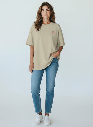 BeachBodyz® beige organic cotton oversized t-shirt with small red embroidered logo on chest.