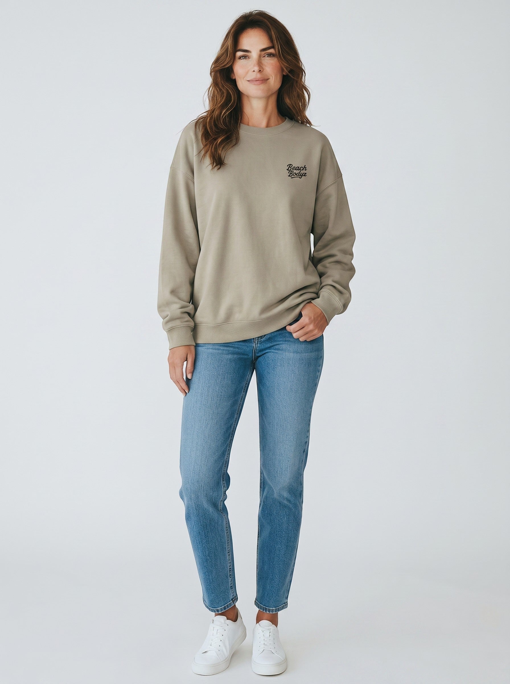 BeachBodyz® beige organic cotton oversized sweatshirt with embroidered logo on chest.