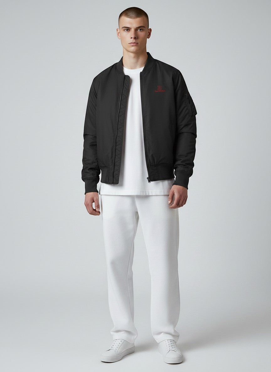 BeachBodyz® black bomber jacket with orange lining and red logo. Classic streetwear style.