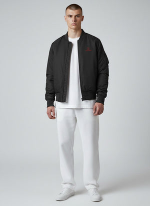 BeachBodyz® black bomber jacket with orange lining and red logo. Classic streetwear style.