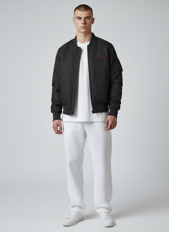 BeachBodyz® black bomber jacket with orange lining and red logo. Classic streetwear style.