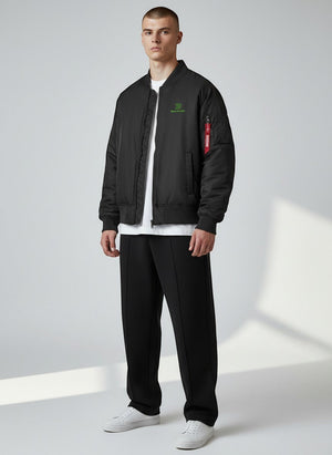 BeachBodyz® black bomber jacket with green logo, zip closure, and utility pocket on sleeve.
