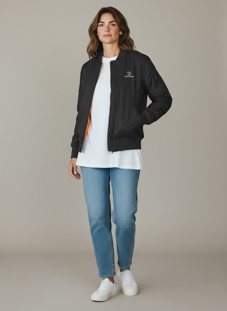 BeachBodyz® black bomber jacket with orange lining, zip closure, and logo detail. A versatile streetwear essential.