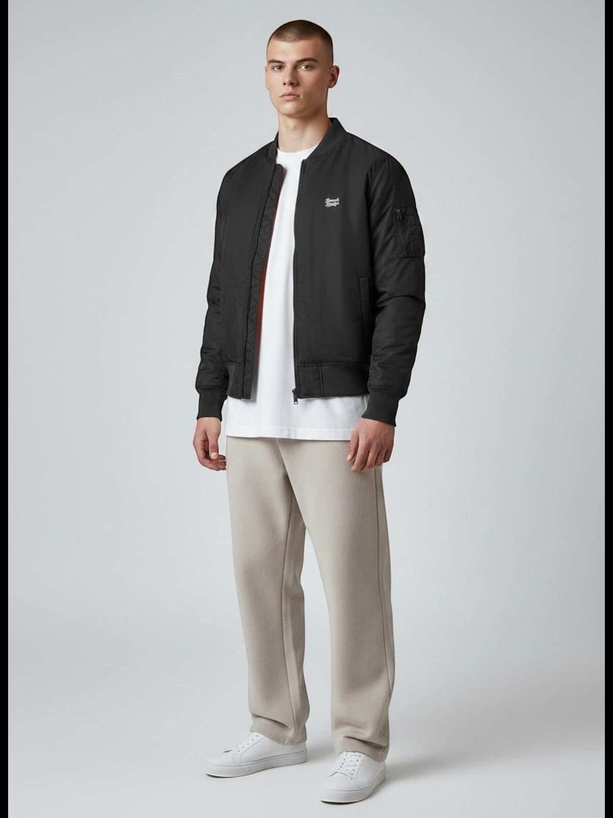 BeachBodyz® black bomber jacket with orange lining, zip front, and elastic cuffs. Streetwear style.