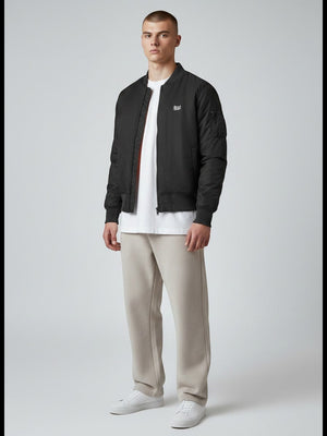 BeachBodyz® black bomber jacket with orange lining, zip front, and elastic cuffs. Streetwear style.