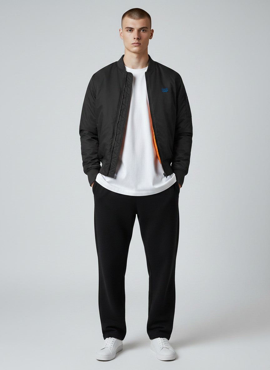 BeachBodyz® black bomber jacket with orange lining and embroidered logo on chest. Ribbed cuffs and hem.