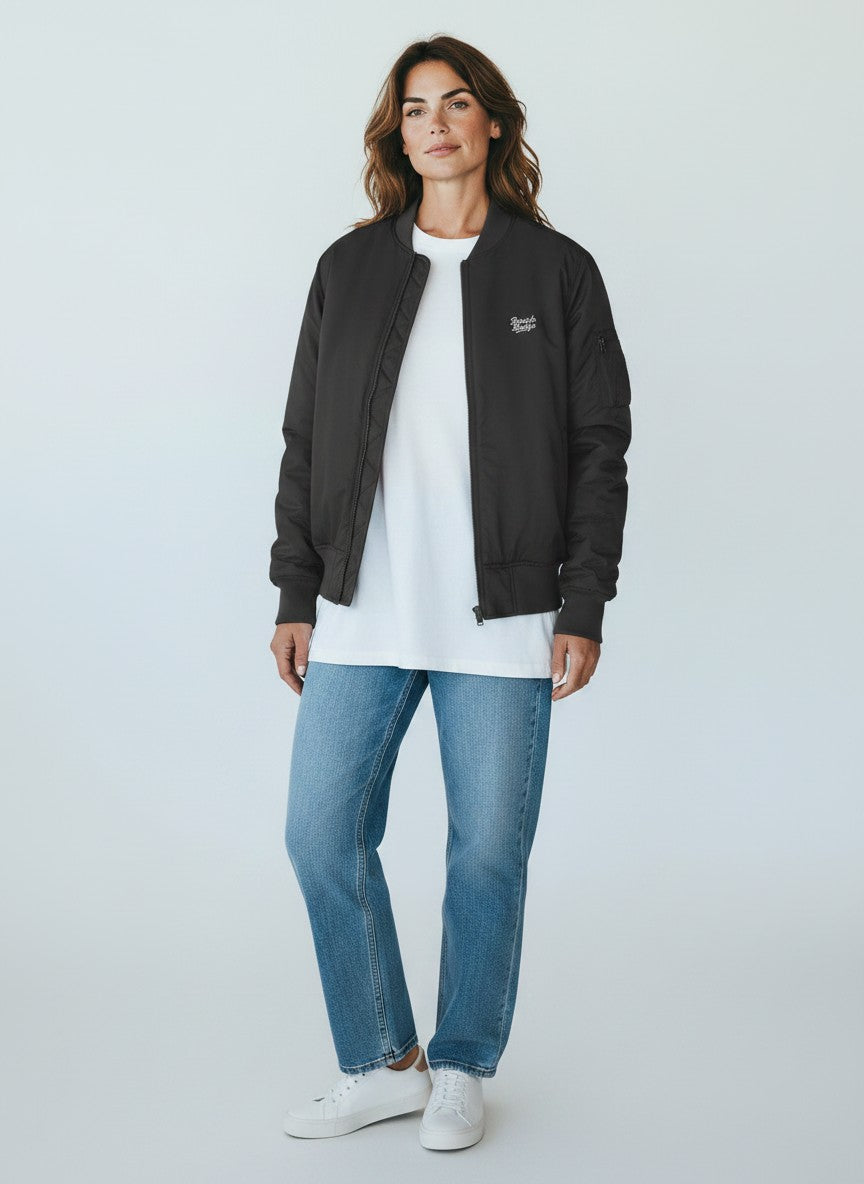 BeachBodyz® black bomber jacket with orange lining, ribbed cuffs and hem, and zippered sleeve pocket.